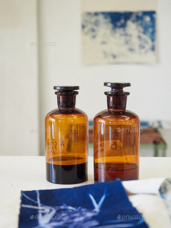 chemical liquids for cyanotype process. Ultraviolet light reaction to a